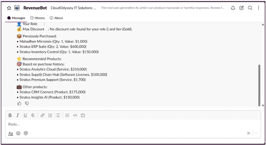 RevenueBot recommending Stratus Analytics Cloud, Stratus Supply Chain Hub and Stratus Premium Support based on account purchase history