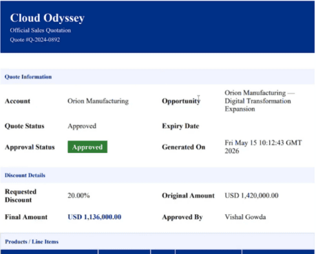 Generated sales quotation PDF showing approved 20 percent discount and final amount for Orion ManufacturingÂ